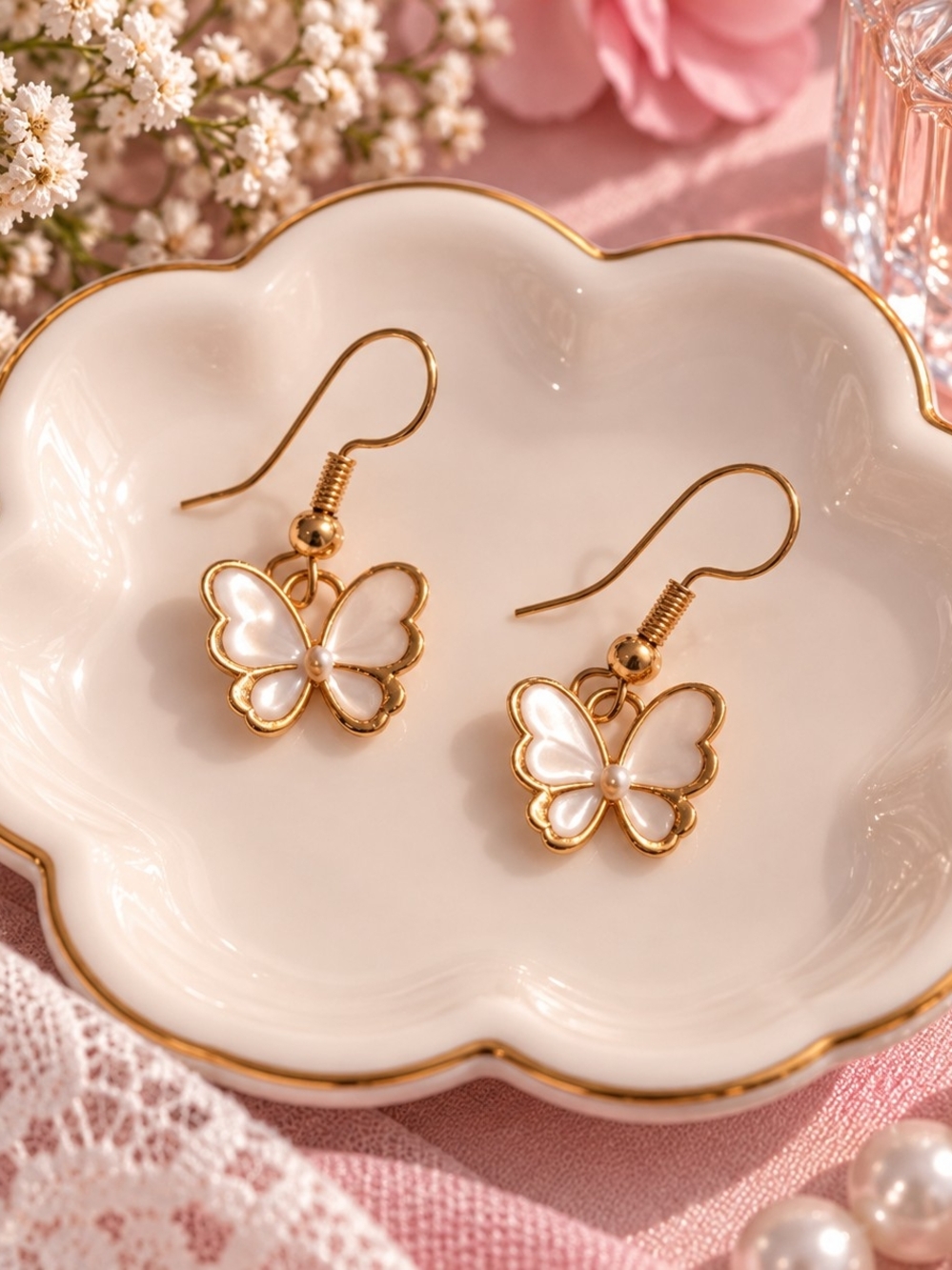 Gold & White Butterfly Drop Dangle Earrings New